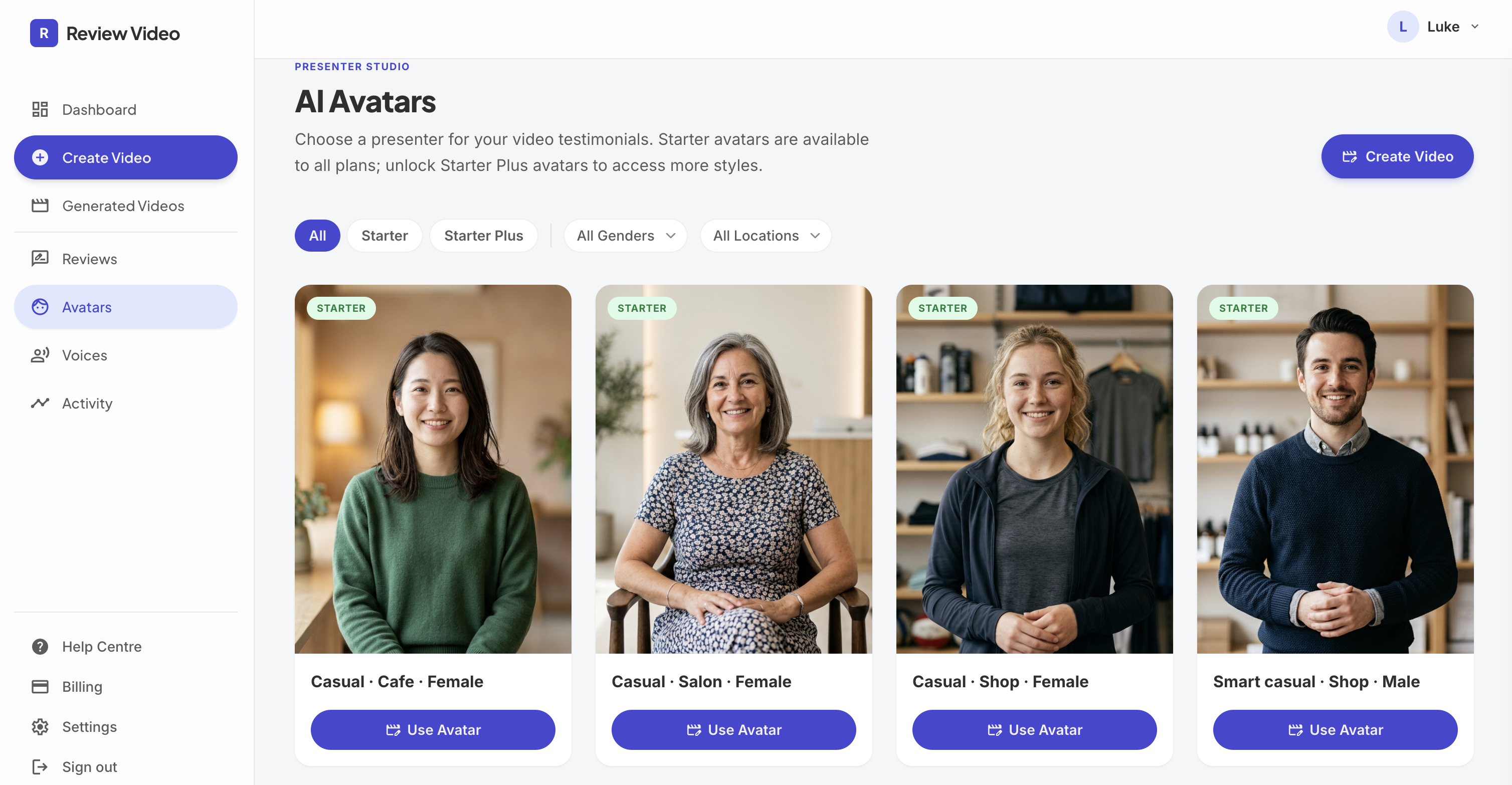 Screenshot: Avatars gallery