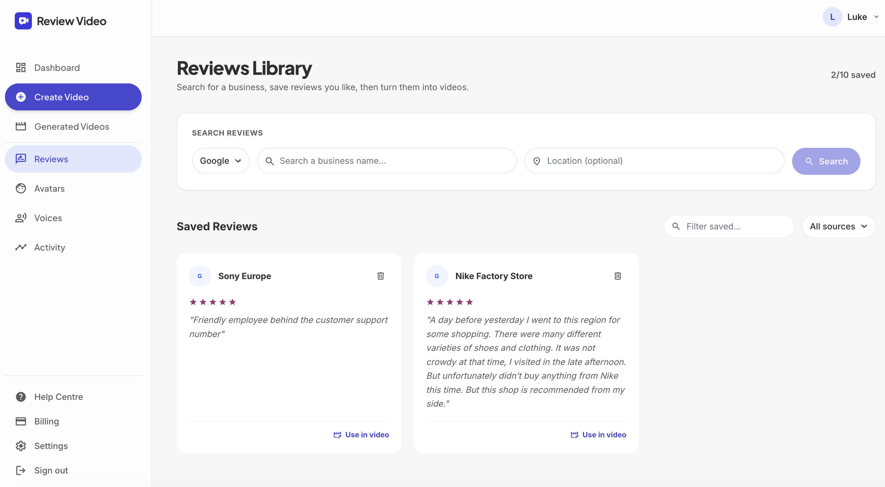 Screenshot: Saved reviews library