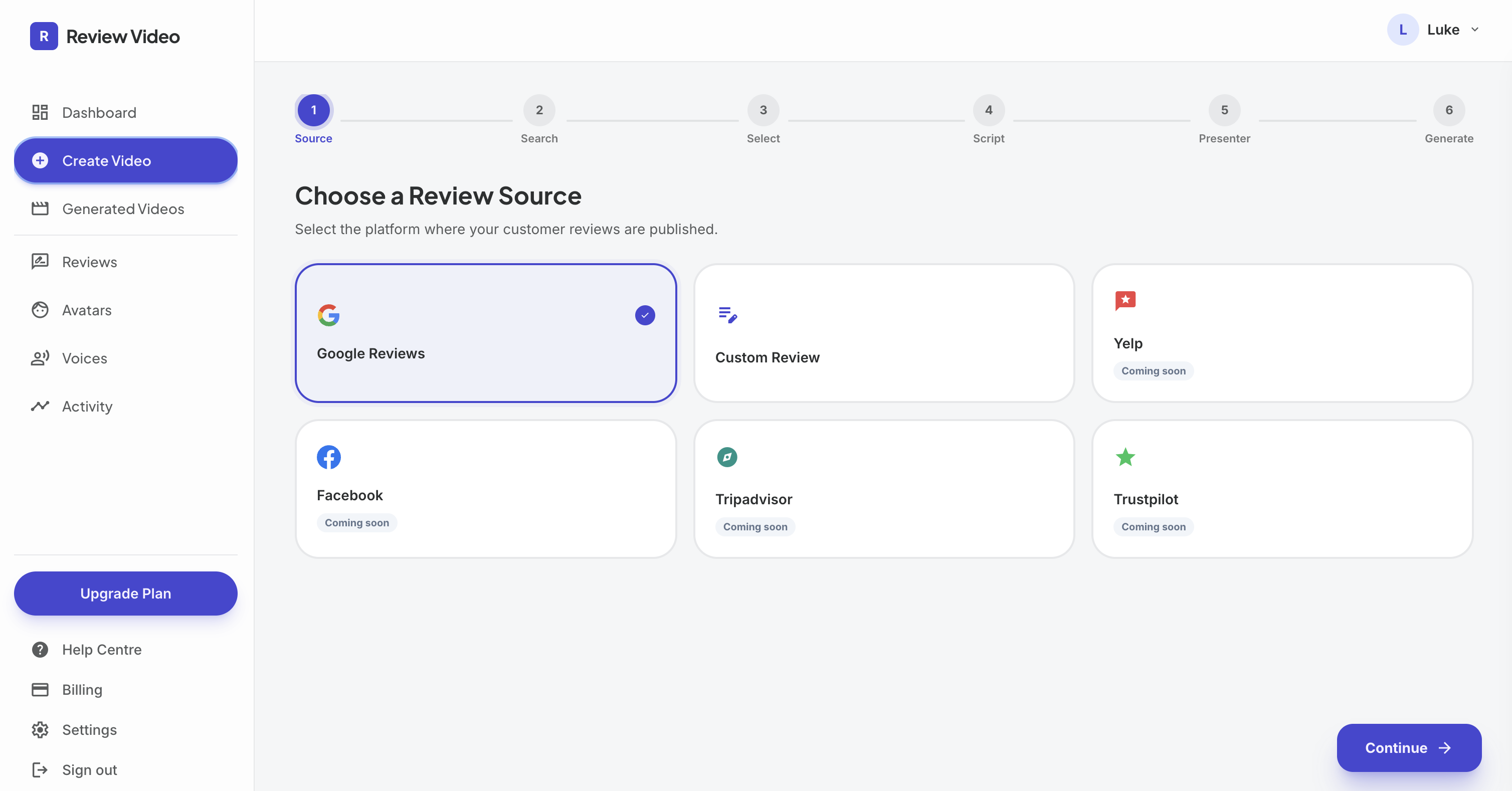 Screenshot: Source selection dropdown