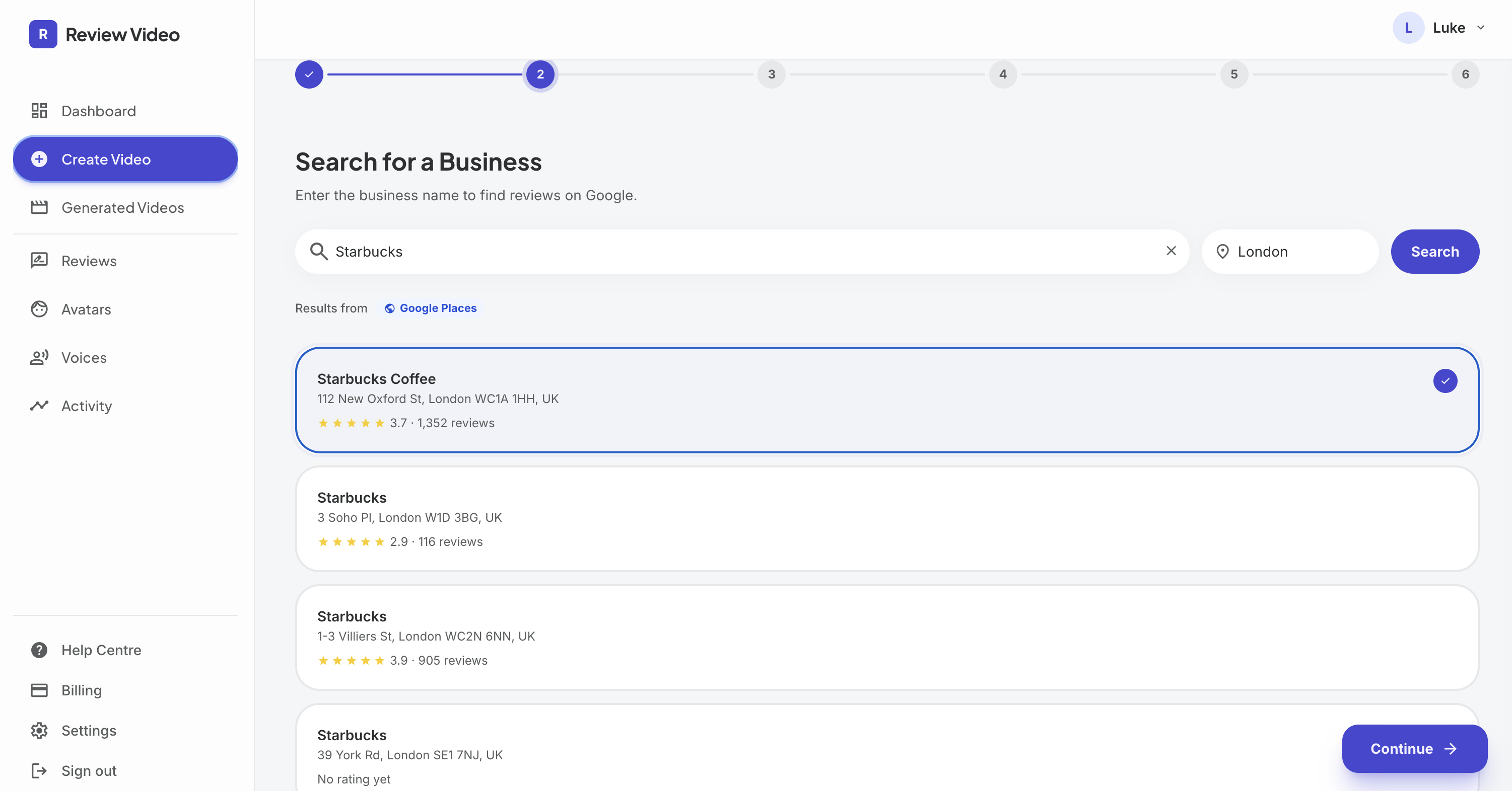 Screenshot: Business search results