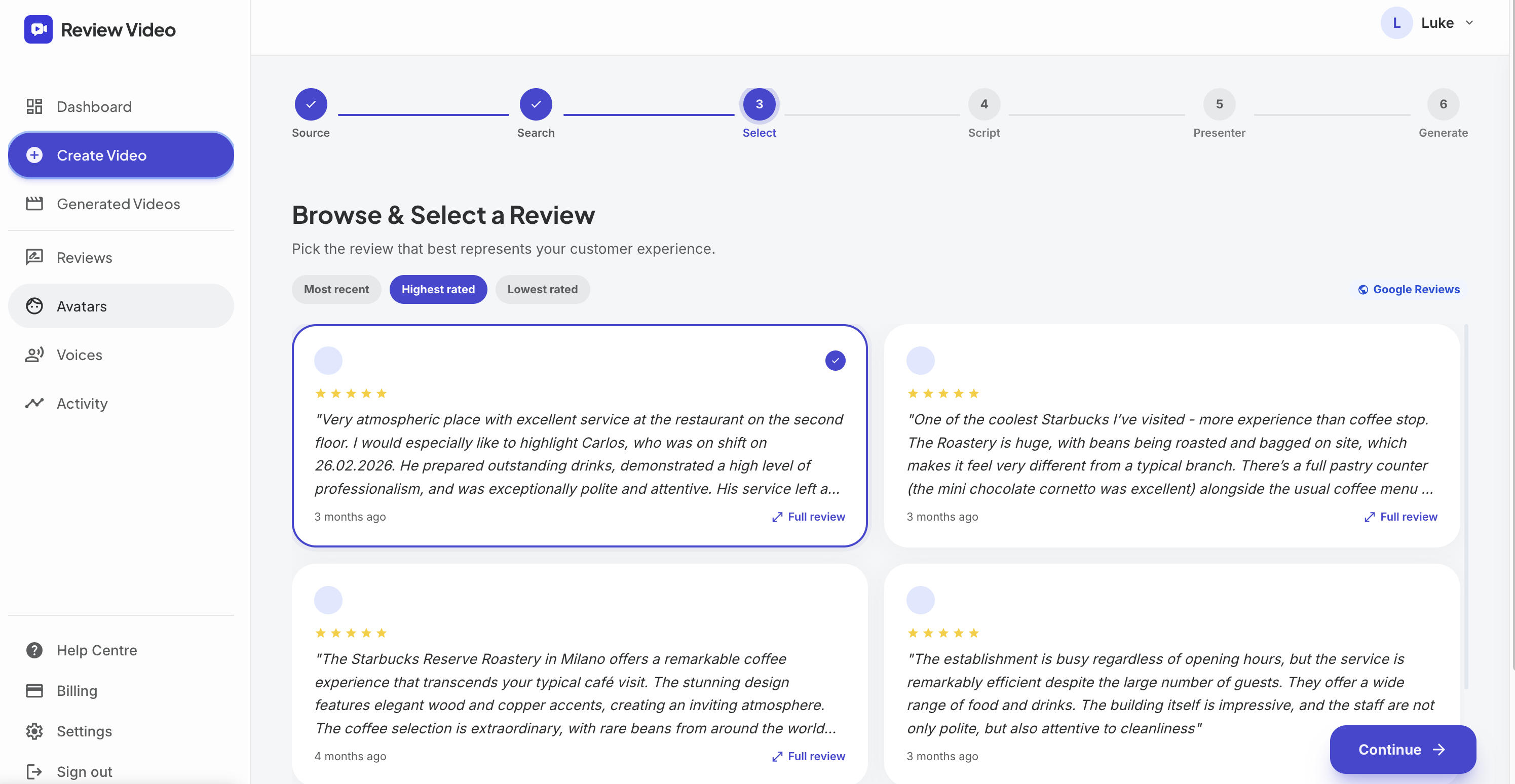 Screenshot: Review selection