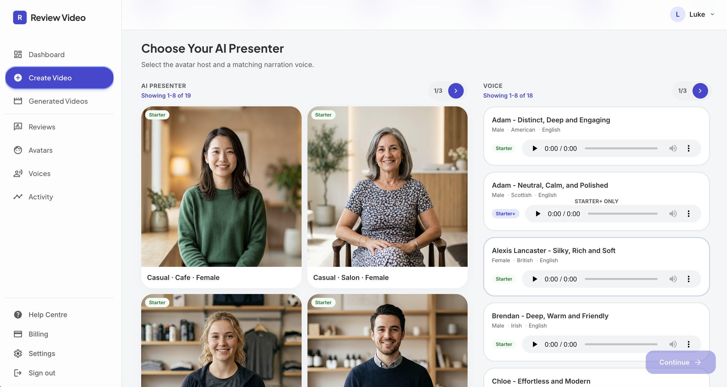 Screenshot: AI presenter and voice selection