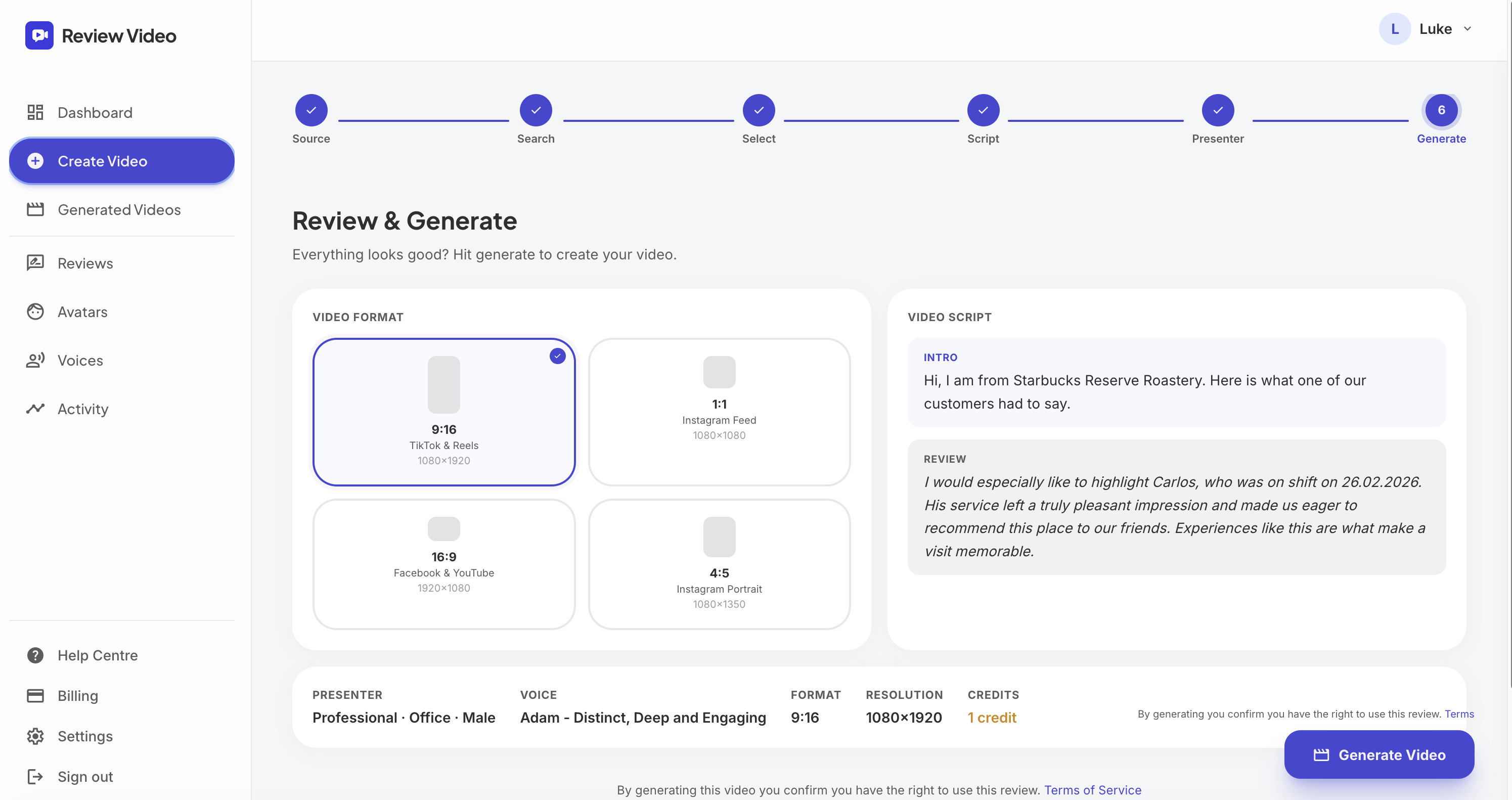 Screenshot: Review and generate
